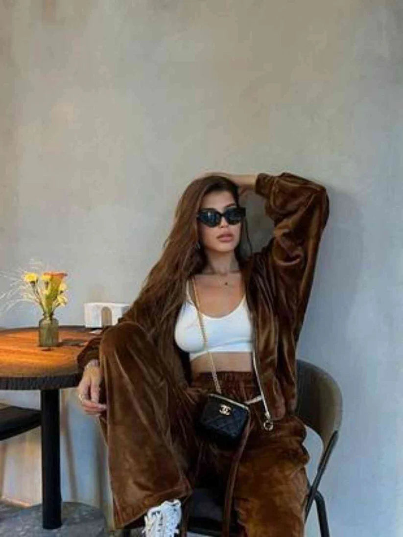 Pankh Aysel Velvet Zipper Hoodie And Wide Leg Pant Coord Set