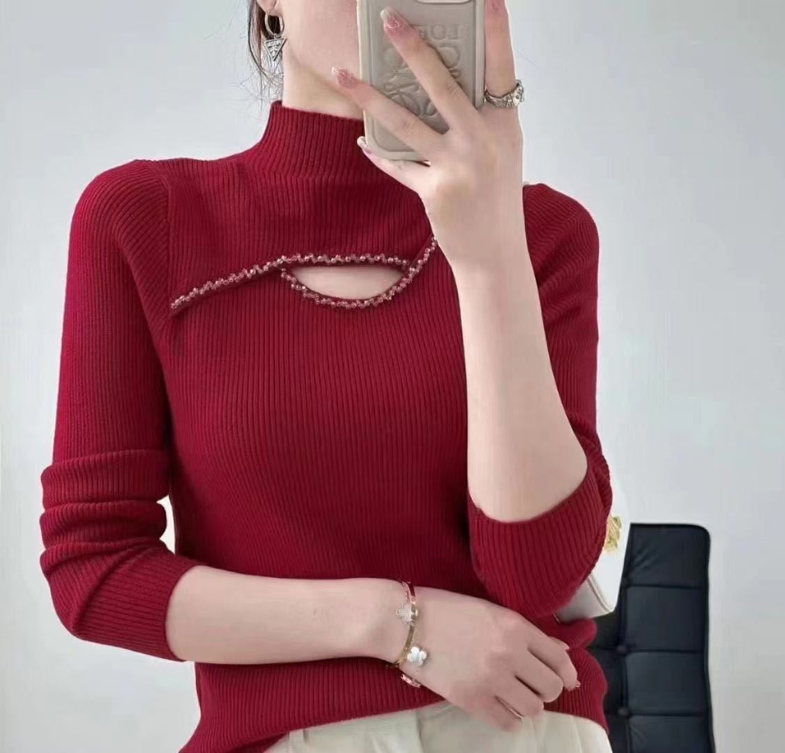Pankh Ira Stylish Stone Embellished Neck Knit Wool Party Pullover Top