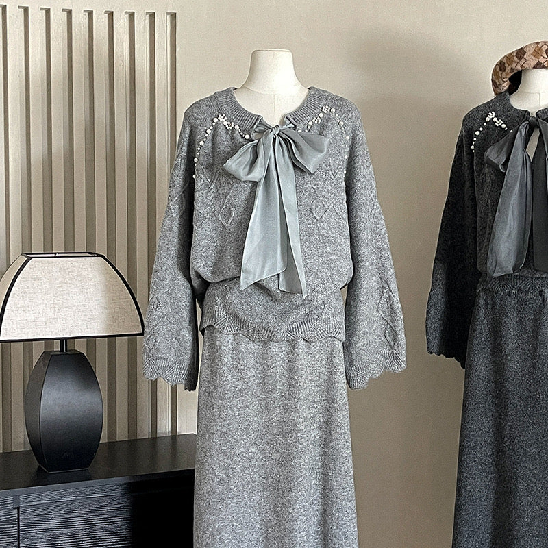 Pankh Tania Designer Pearl Embelished Bow Tie Woolen Top and Skirt Party Wear Set