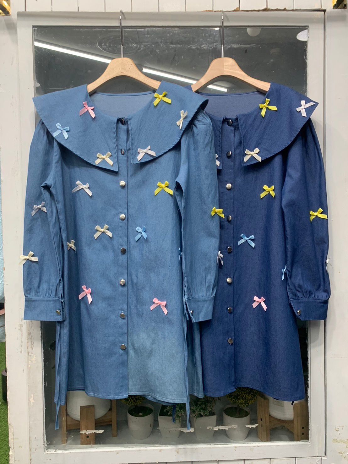 Pankh Susan Spring Summer Colorfull Bow Denim Shirt Dress