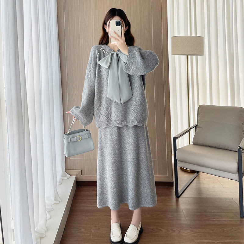 Pankh Tania Designer Pearl Embelished Bow Tie Woolen Top and Skirt Party Wear Set