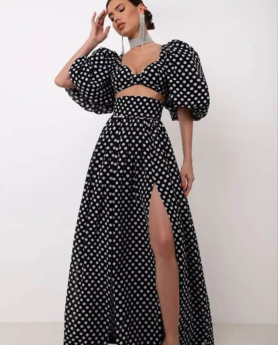 Pankh Cemil Polka Dot Top And Slit Skirt Set