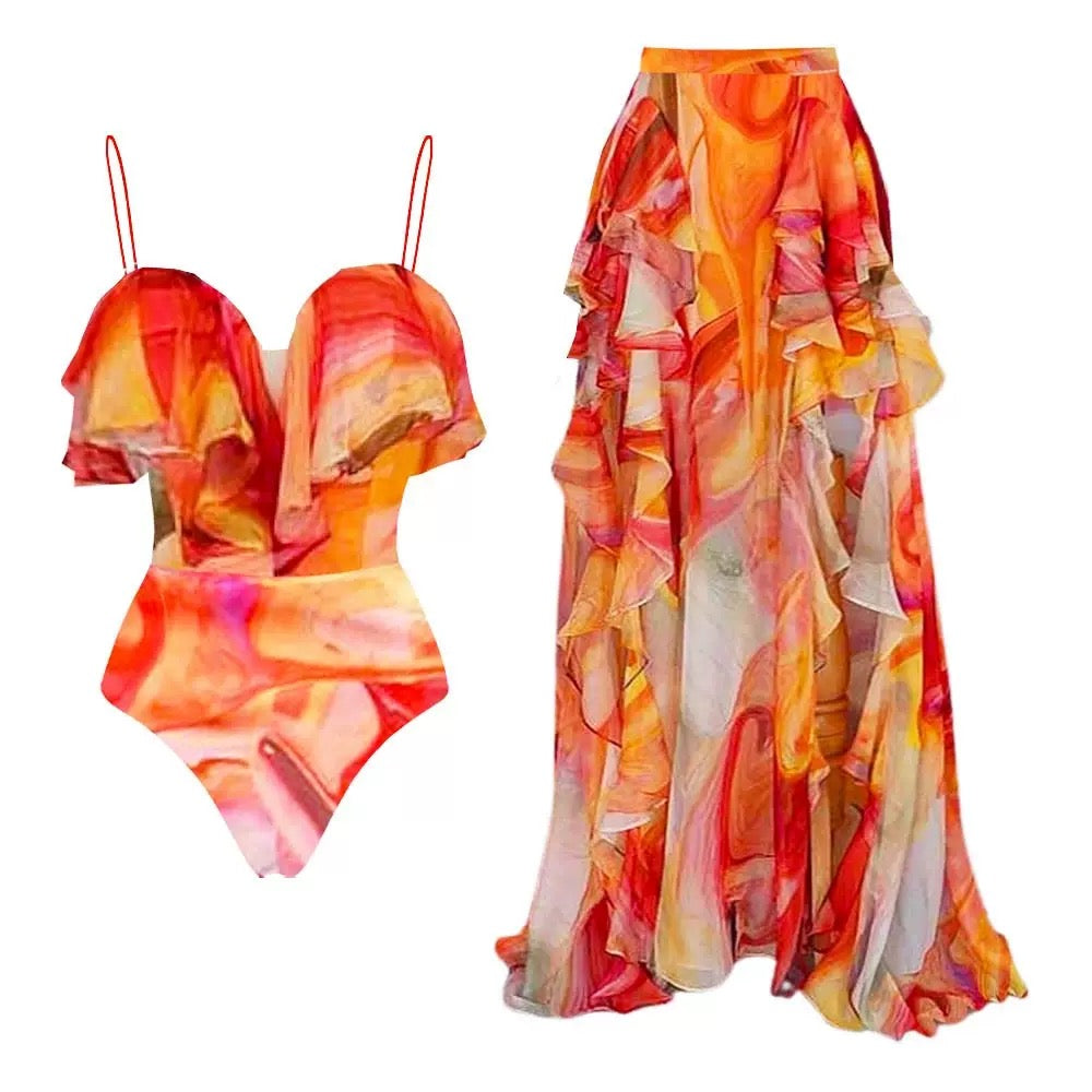 Pankh Ciara Elegance Tie And Dye Ruffle Monokini With Ruffle Skirt Set