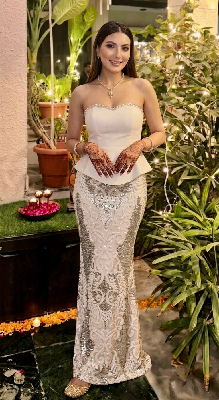 Mehezba Pearl Embelished Corset Tube Top & Sequin Skirt Coord Set