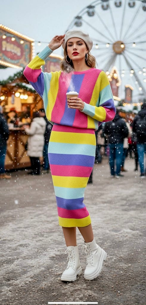 Pankh Raizy Colorful Striped Batwing Top and Skirt Set