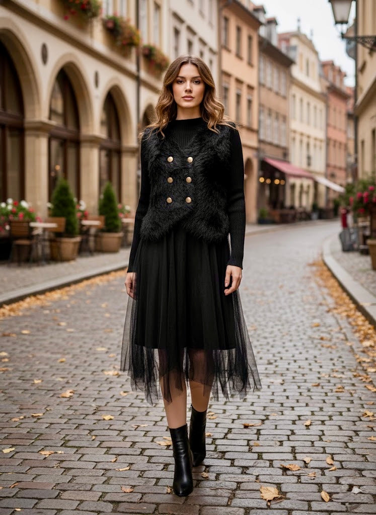 Pankh Salvy Woolen Ruffle Dress with Fur Waist Coat