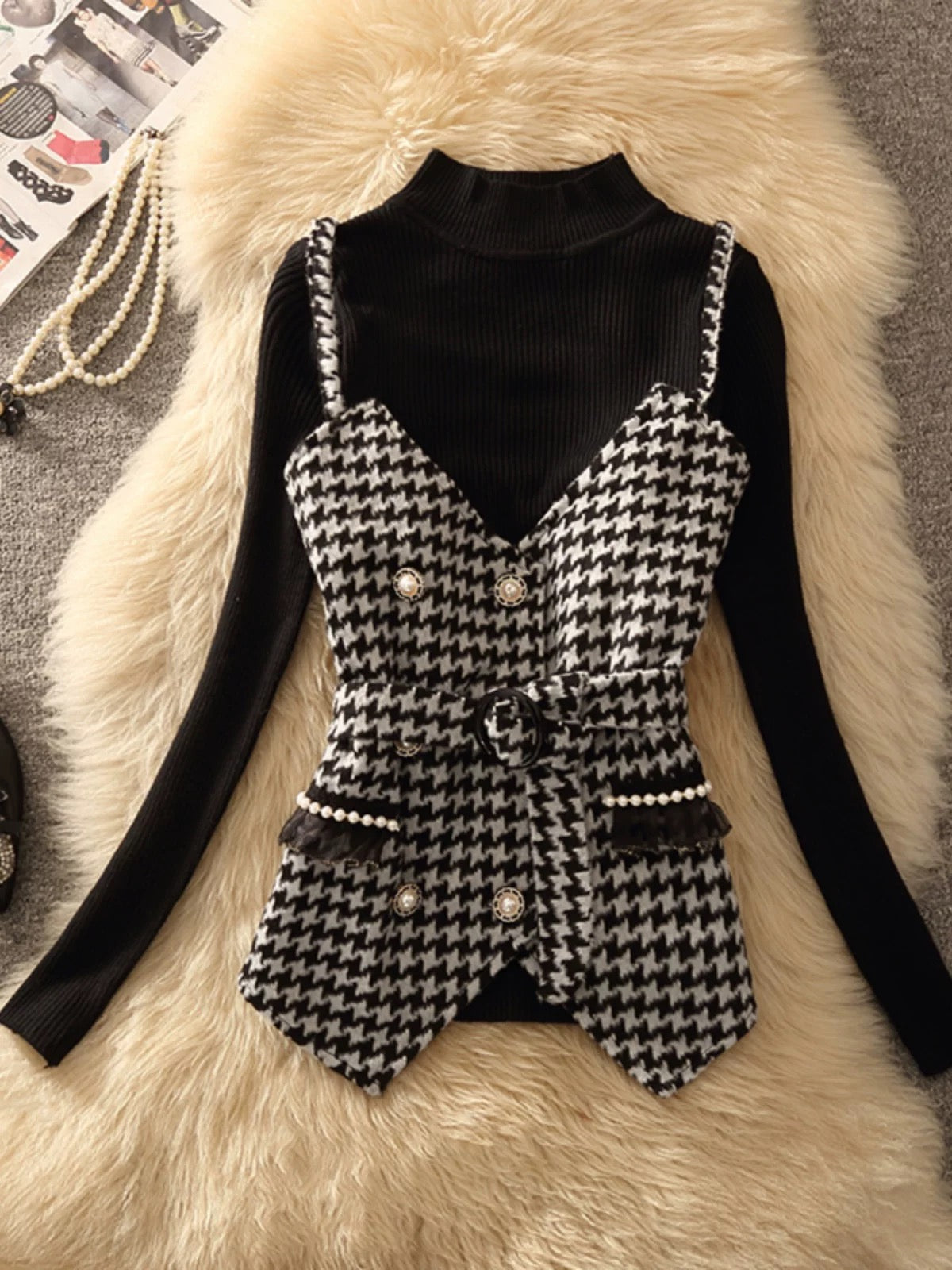 Pankh Ebkro Houndstooth Tweed Jacket and Knit Top Set