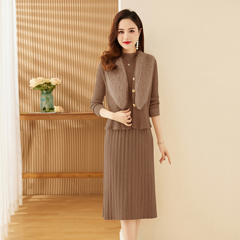 Pankh Leveda Wool Dress and Fur Collar Jacket Set