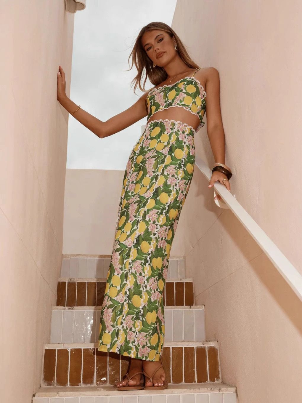 Pankh Eddy Lemon Printed Cami Top And High Waisted Slit Skirt Set