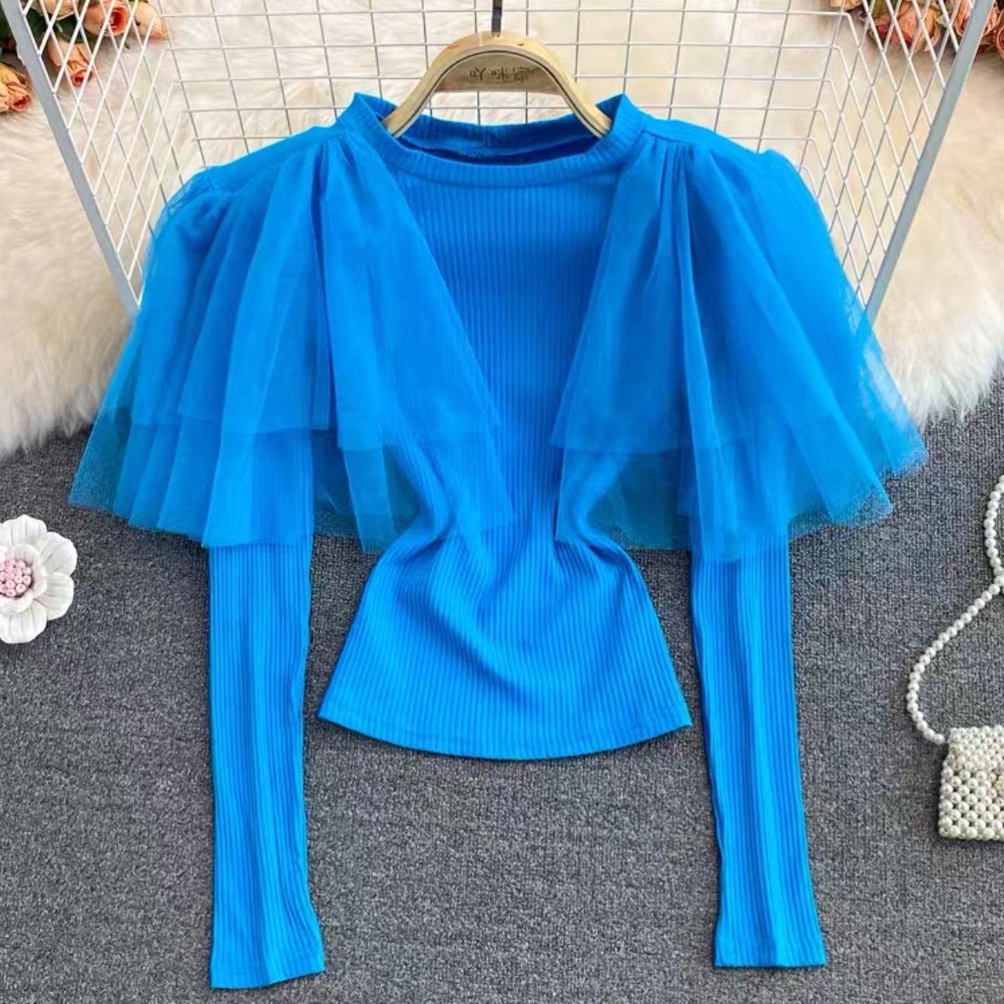 Pankh Fretli Mesh Knit Princess Shoulder Blouse