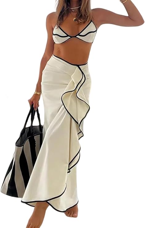 Pankh Lewis String Triangle Halter Colorblock Two Peice Bikini With Cover Up Skirt