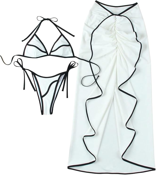 Pankh Lewis String Triangle Halter Colorblock Two Peice Bikini With Cover Up Skirt