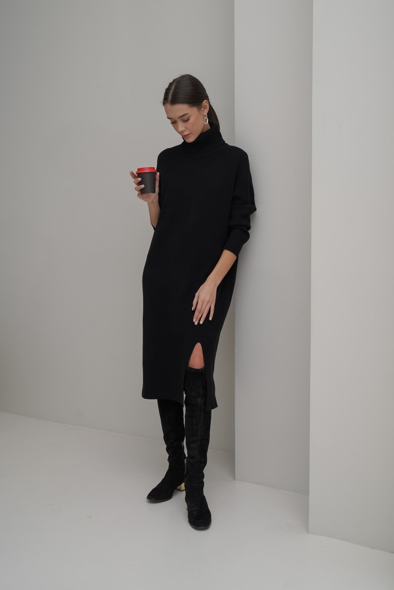 Pankh Ayvee High Neck Knit Wool Dress with Belt