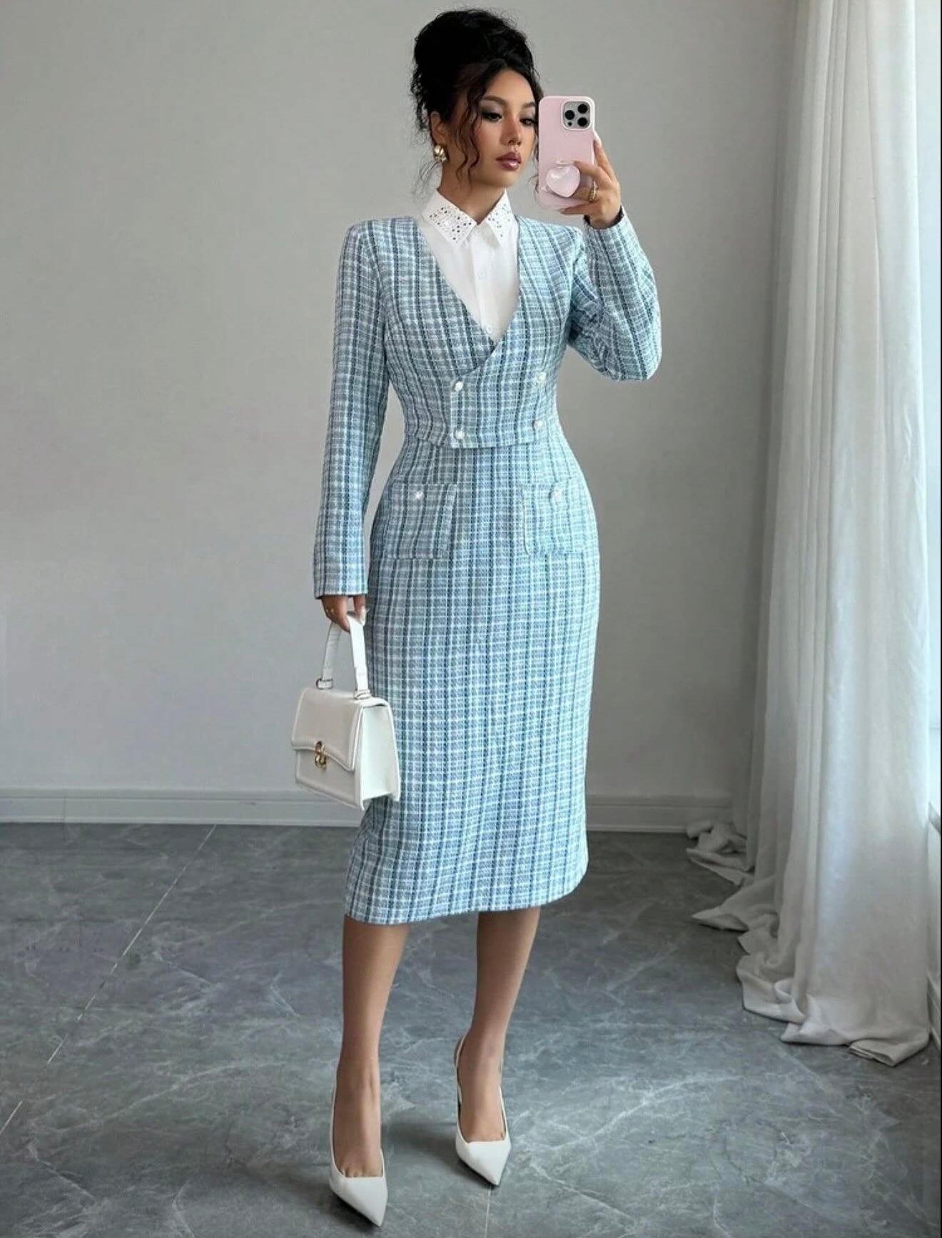 Maila Plaid Tweed Two-Piece Formal Dress with Blazer
