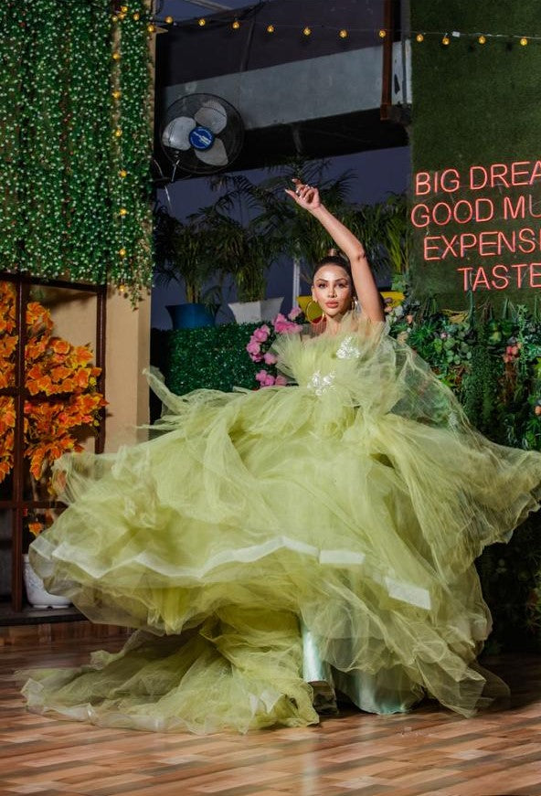 Pankh Green Puff Princess Prom Sweetheart Ruffles Partywear Ball Gown