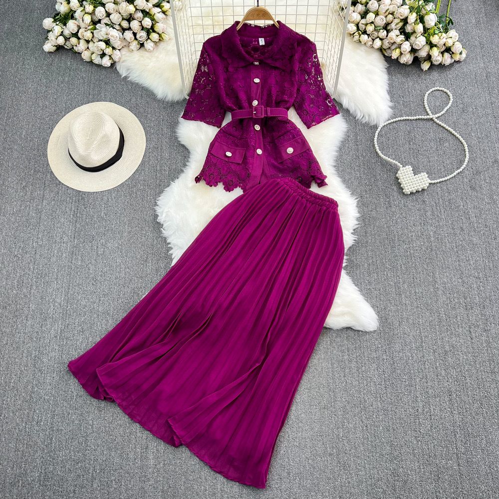 Pankh Kylie Crochet Lace Chiffon Blazer And Pleated Skirt Set With Belt