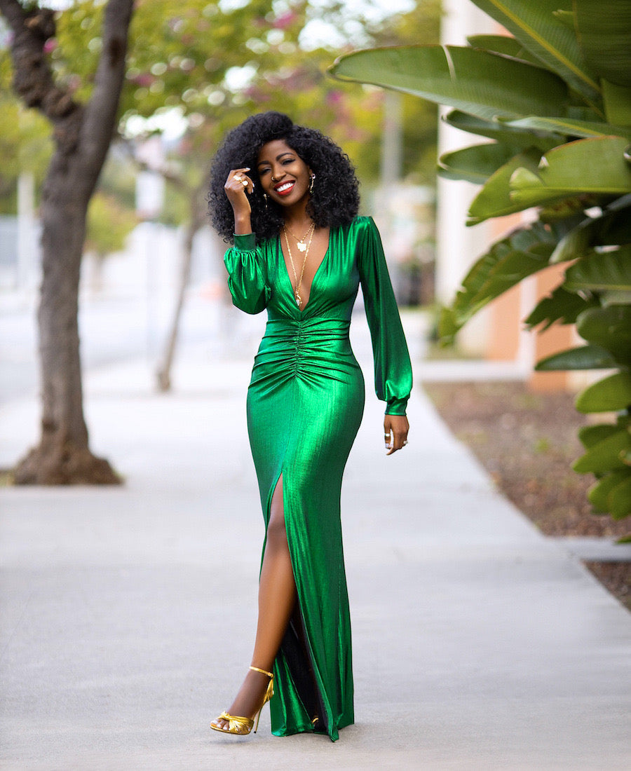 Pankh Marry Western V-Neck Metallic Split Long Dress