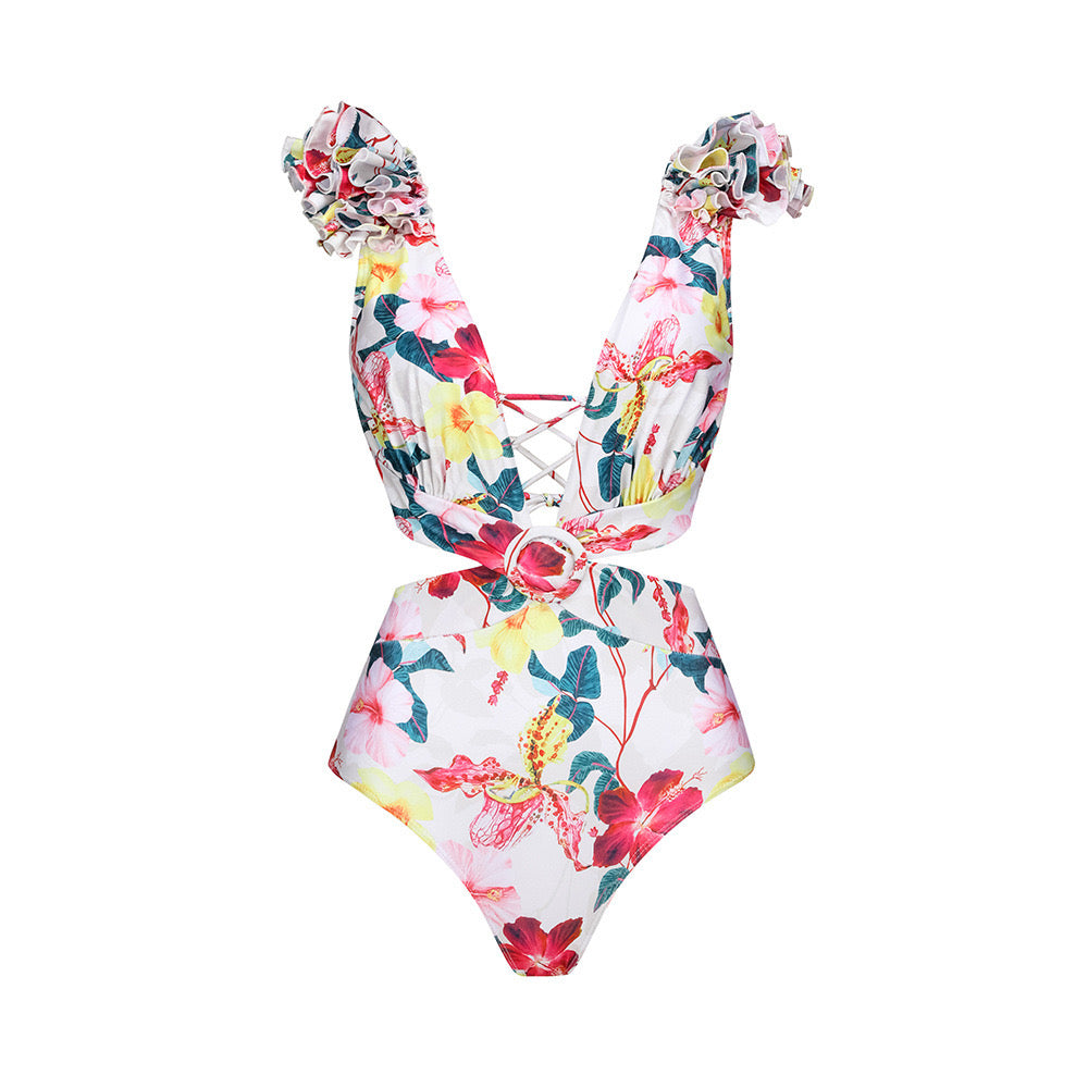 Pankh Florrie Deep Neck Floral Print Cutout Swimsuit With Pleated Skirt Set