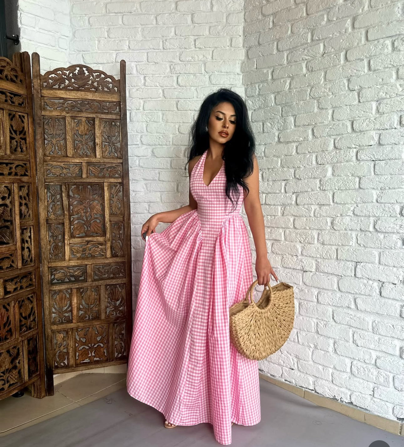 Pankh Luxe Anee Halter Neck Gingham Maxi Dress Baby Pink / M Pankh Luxe Anee Halter Neck Gingham Maxi Dress Baby Pink / M