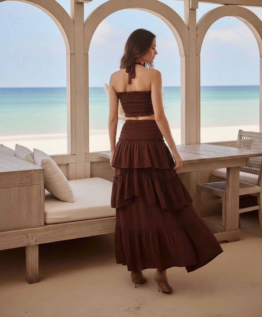 Pankh Dales Ruched Mocha Cotton Crop Top & Skirt Coord Set