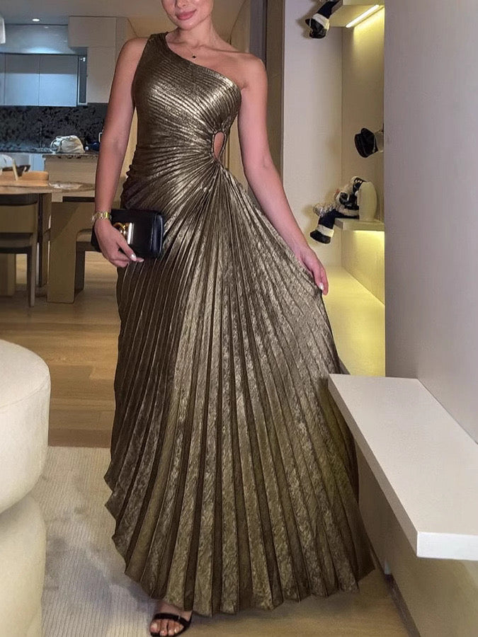 Pankh Ryce Pleated Metallic Cutout Party Wear Maxi Dress