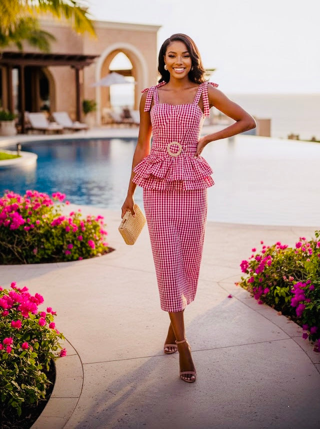 Pankh Della Gingham Peplum Coord Set with Rafia Belt