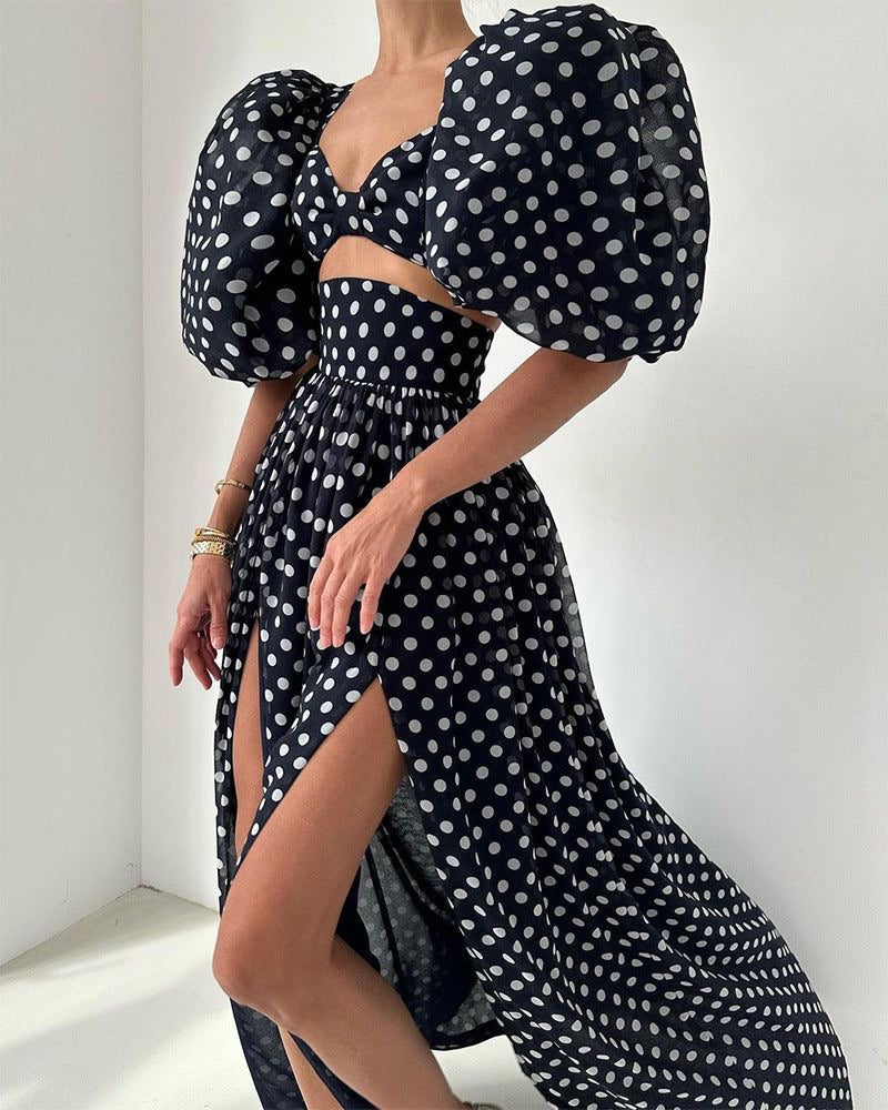 Pankh Cemil Polka Dot Top And Slit Skirt Set