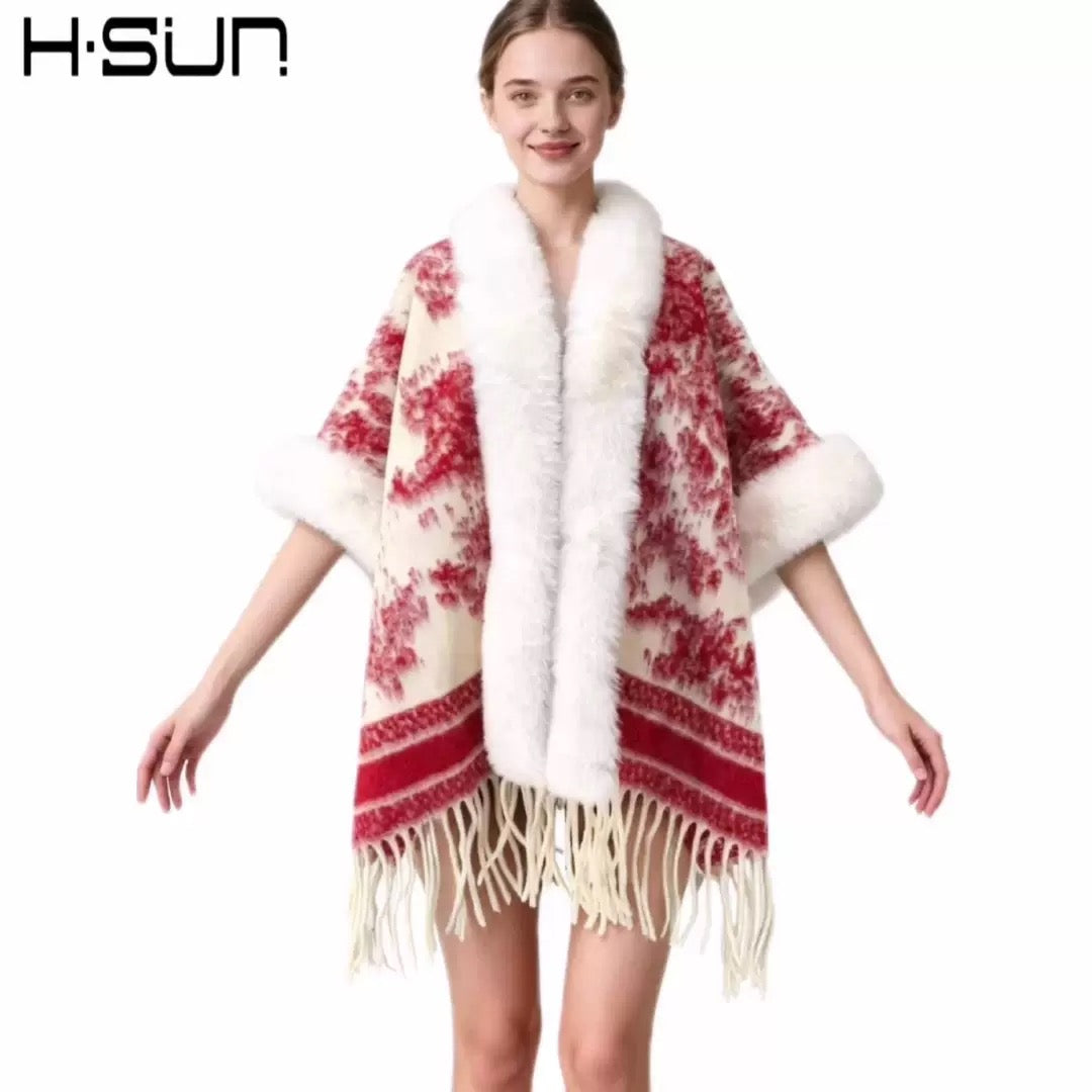 Pankh Diyyor Woolen Winter Cape Shawl with Fur Sleeve