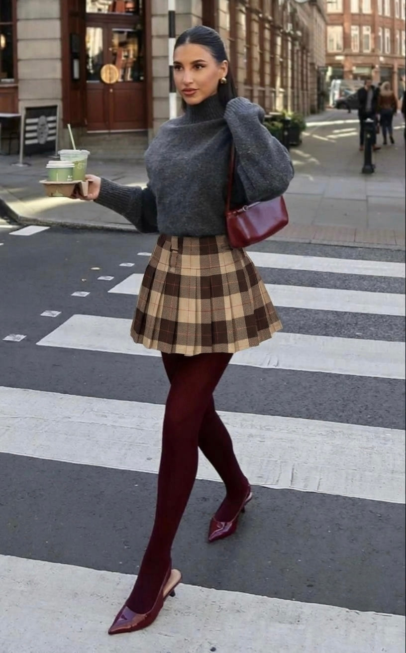 Pankh Lisbon Check Plaid Mini Pleated Skirt