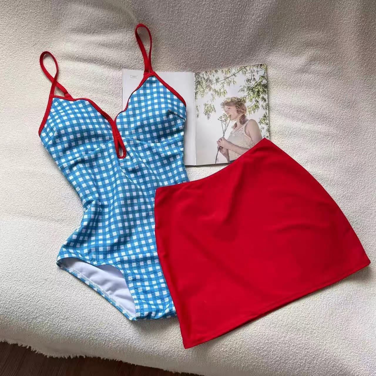 Pankh Adela Gingham Plaid Swimsuit & Skirt Set