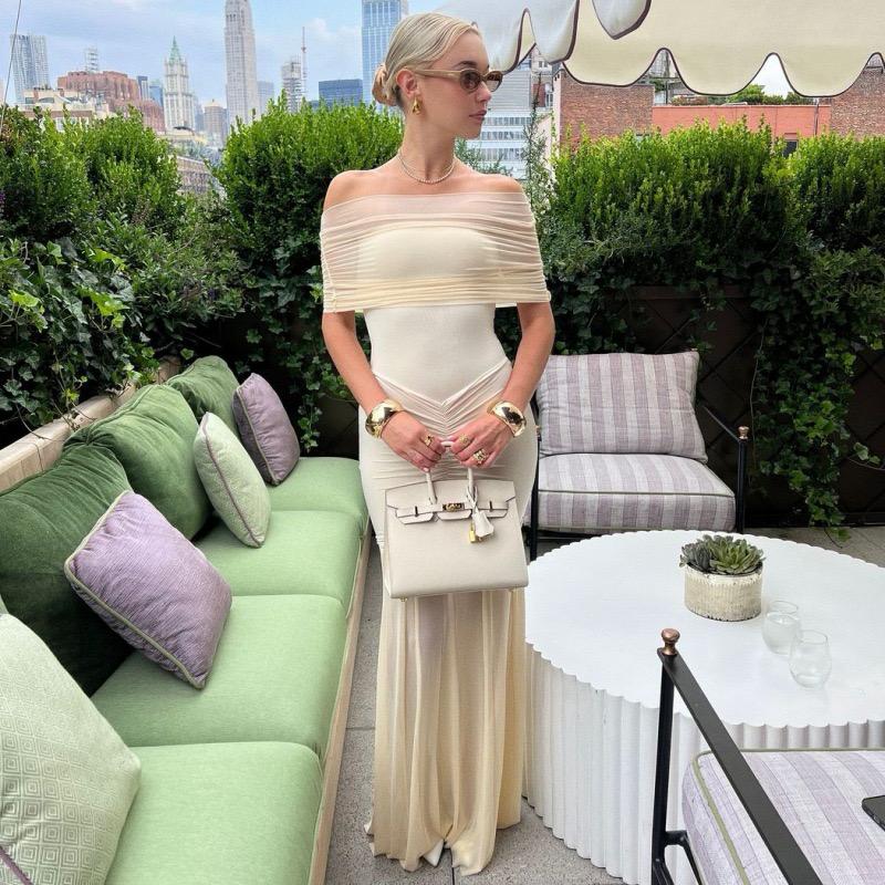 Pankh Slinky and Mesh Off Shoulder Maxi Dress