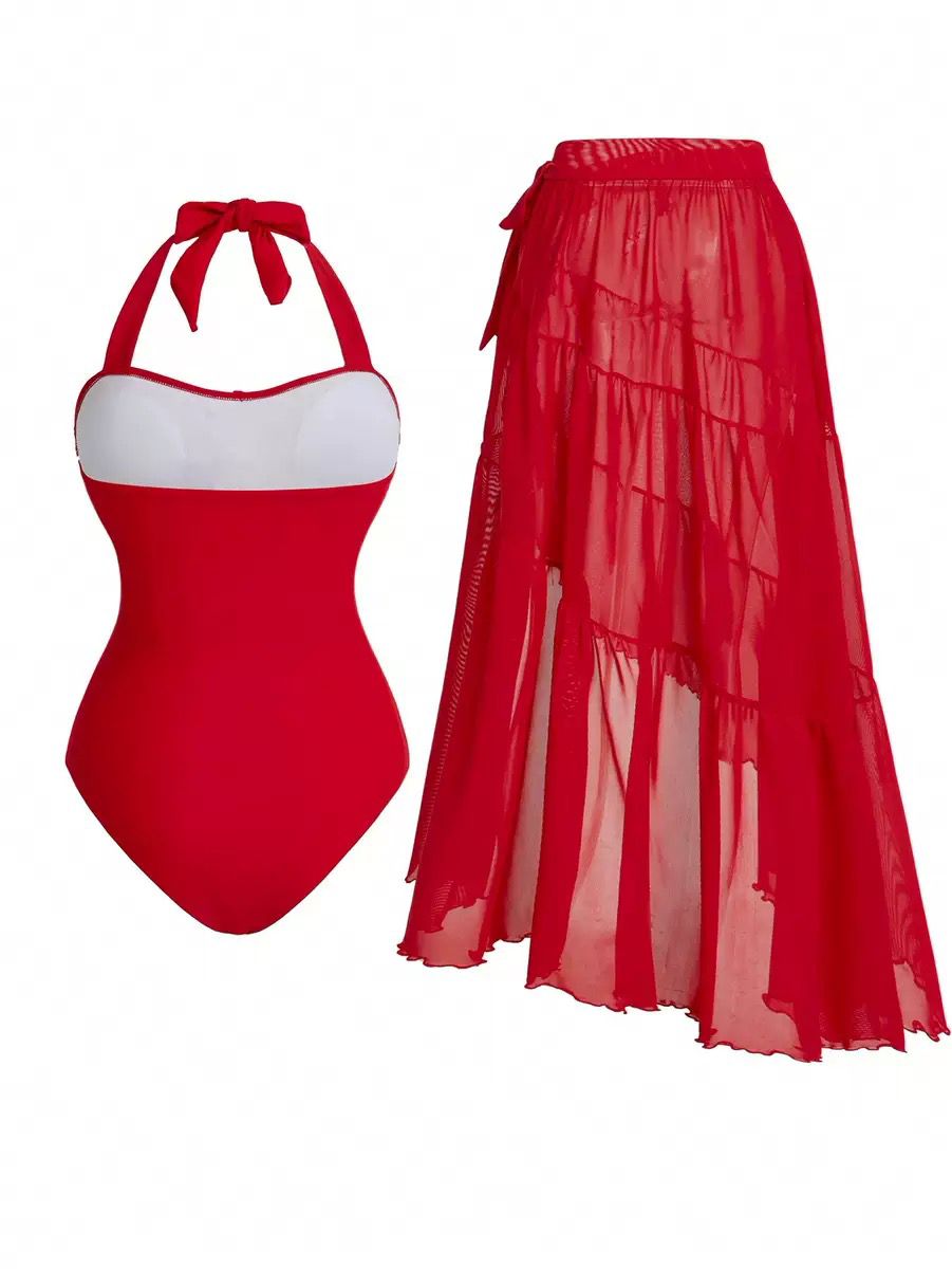 Pankh Marisol Floral Halter Swimsuit & Tiered Ruffle Skirt Set