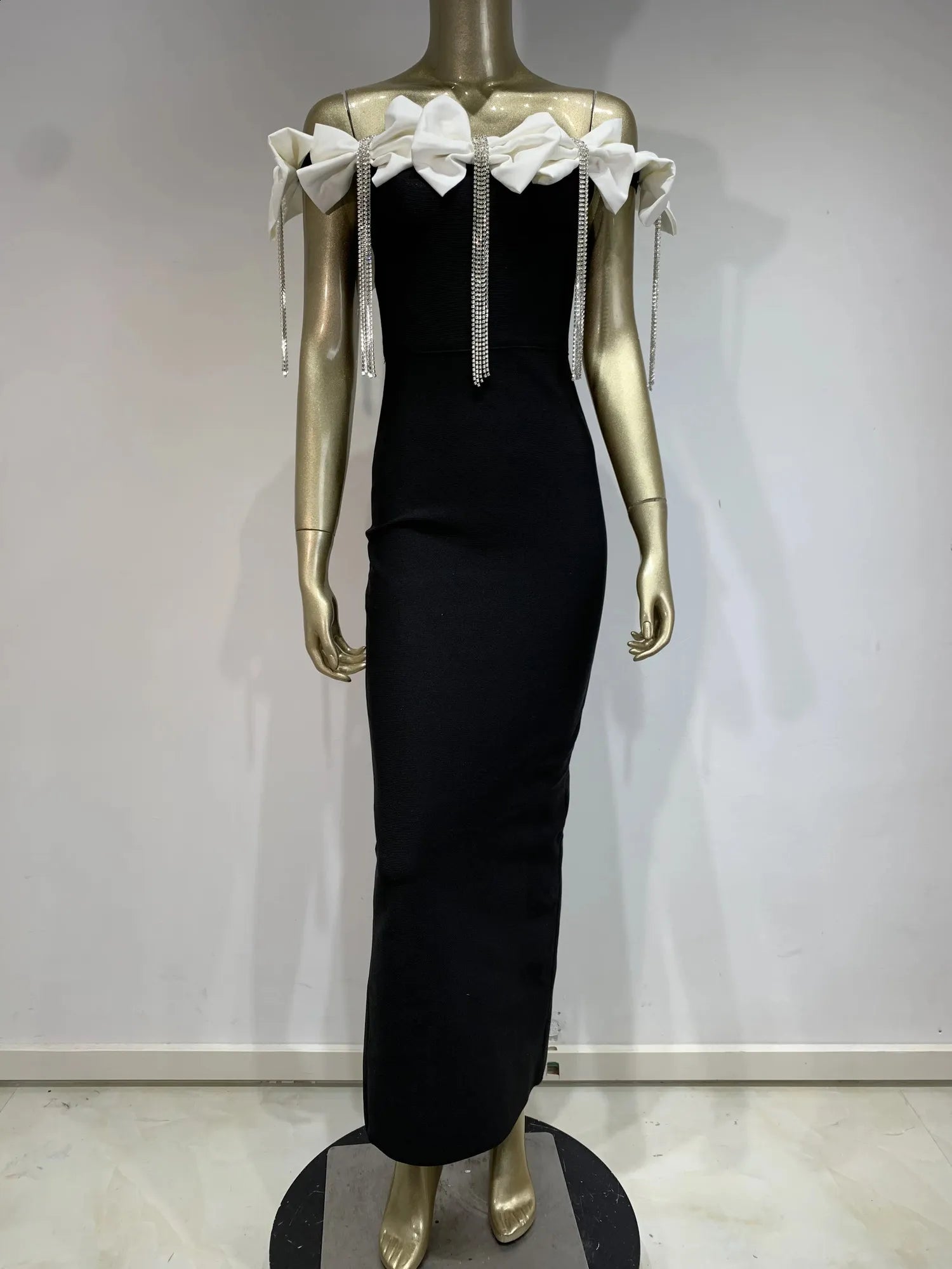 Pankh Hande Off-Shoulder Bow Tie Diamond Tassel Party Wear Long Dress