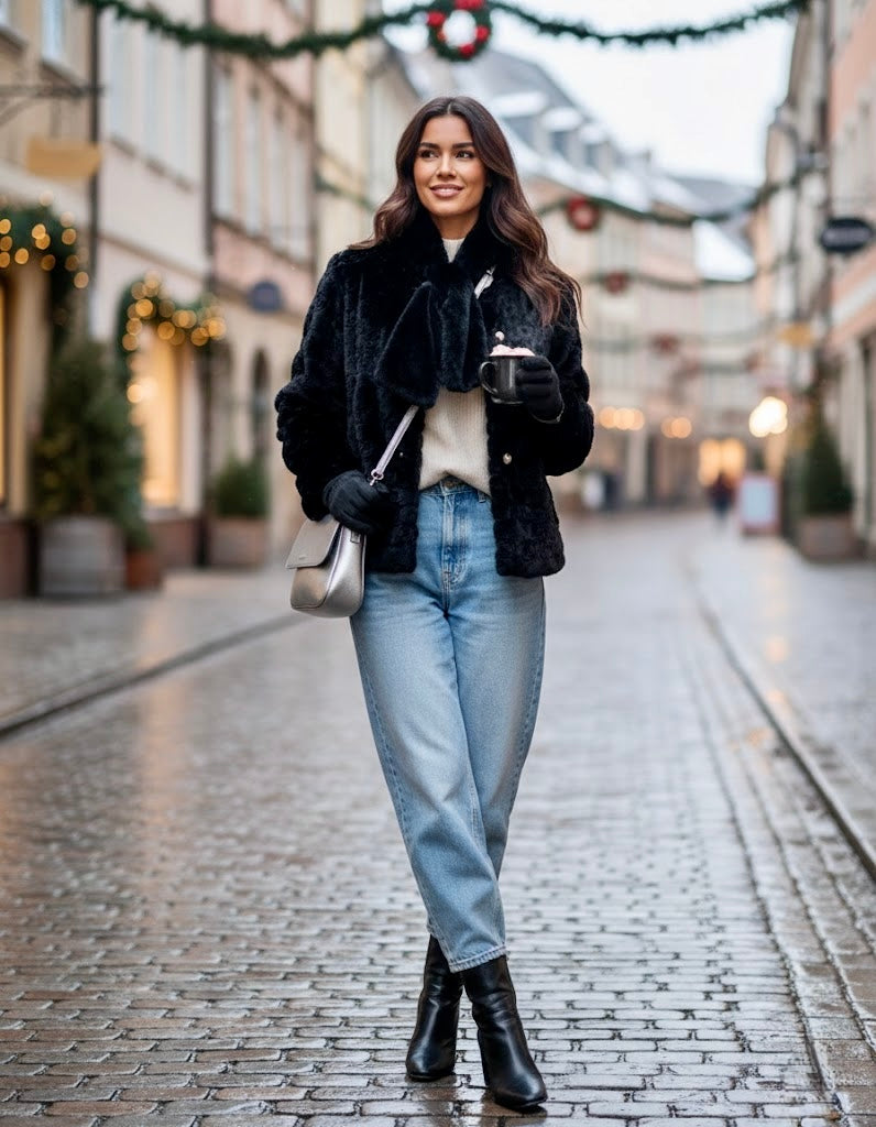 Pankh Flume 3D Rose Teddy Fur Blazer Coat with Muffler