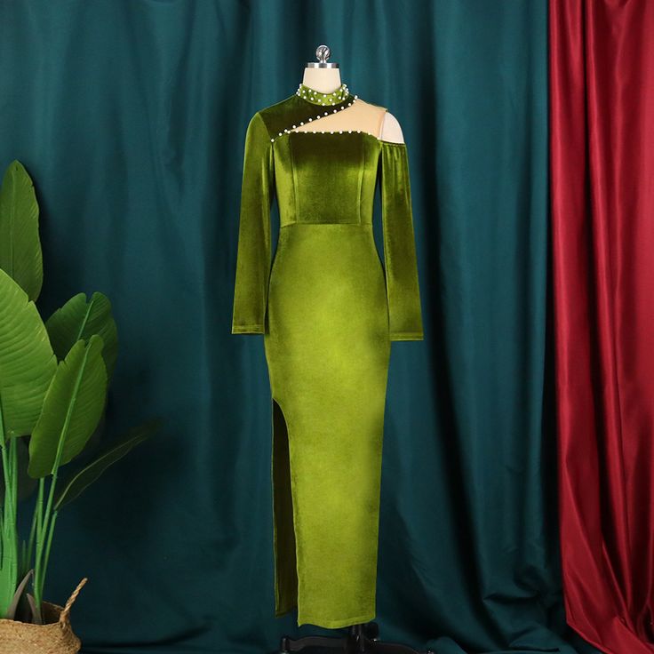 Pankh Mora Velvet Neck Pearl Party Wear Evening Maxi Dress