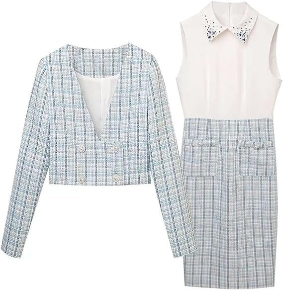 Maila Plaid Tweed Two-Piece Formal Dress with Blazer