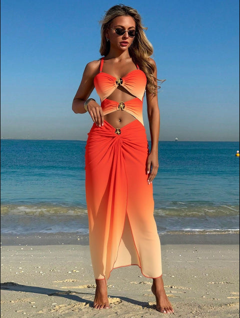 Pankh Ogayi Ombré Shell Monokini & Drape Skirt Coverup Swim Set