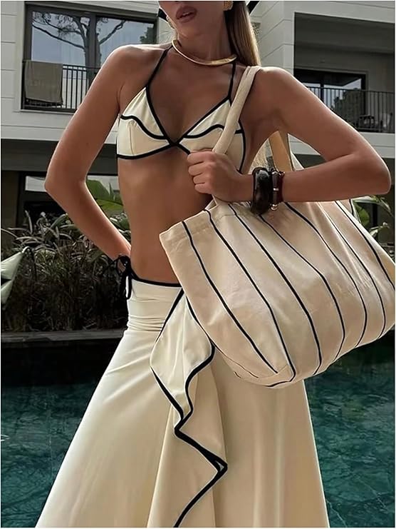 Pankh Lewis String Triangle Halter Colorblock Two Peice Bikini With Cover Up Skirt