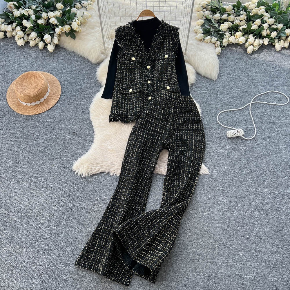 Pankh Fioxie Tweed Sleeveless Blazer and Bootcut Pant with Knit Top 3 Piece Set