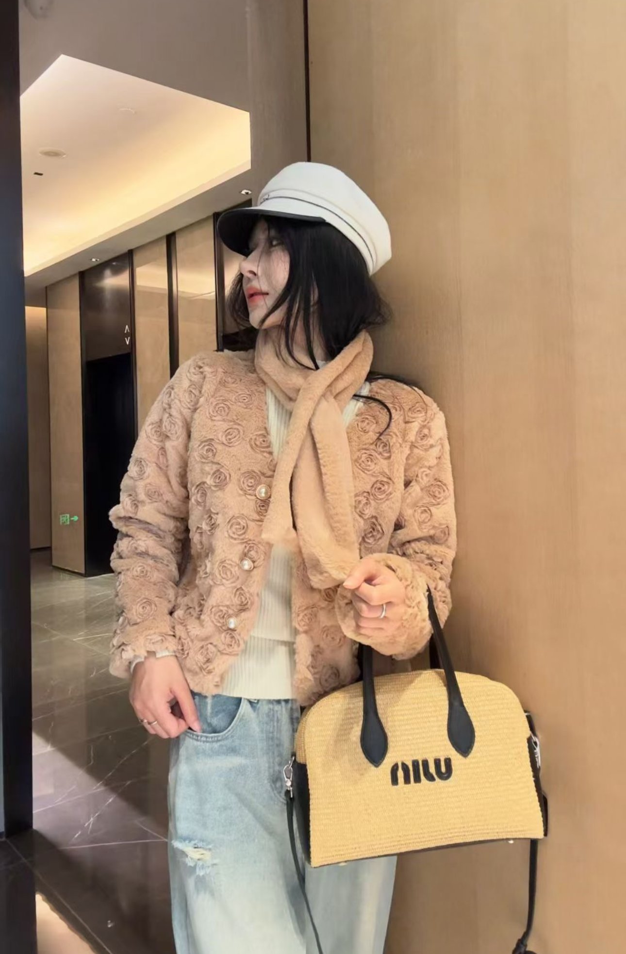 Pankh Flume 3D Rose Teddy Fur Blazer Coat with Muffler