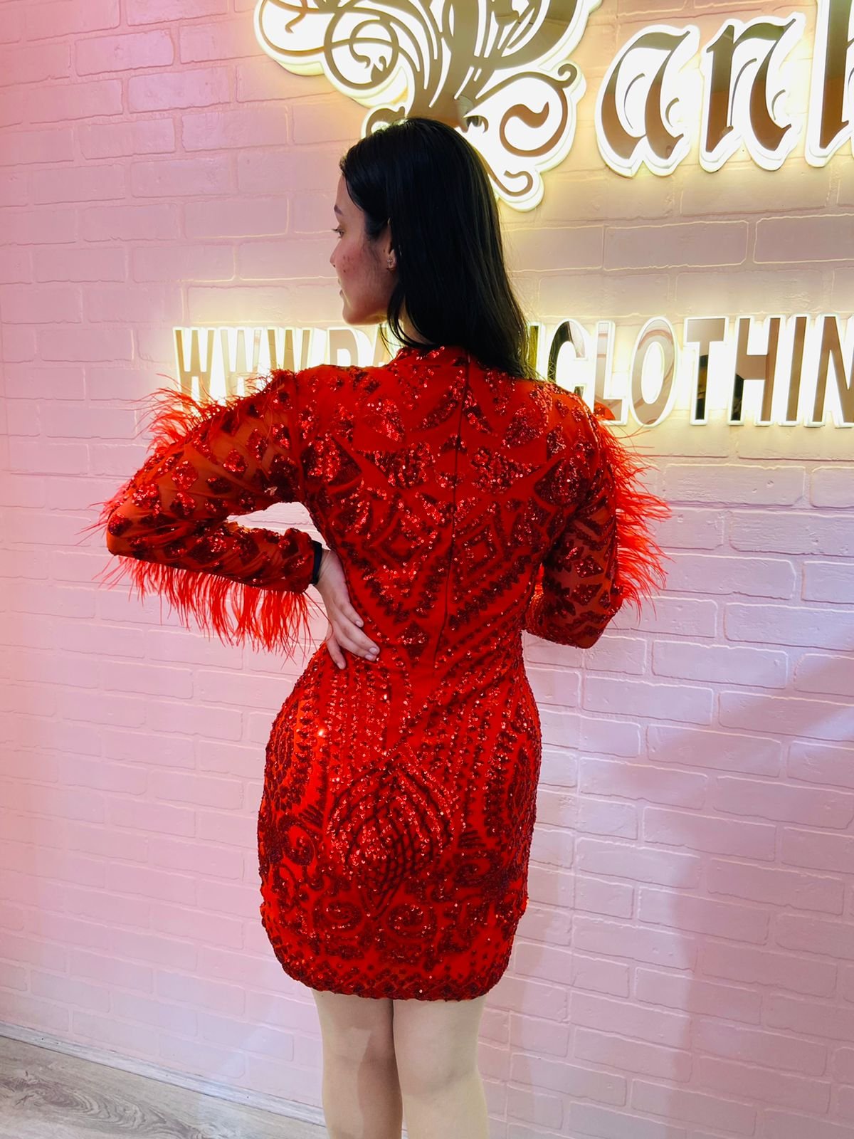 Pankh Habibi Sequin Embroidered Party Dress With Fur Sleeves