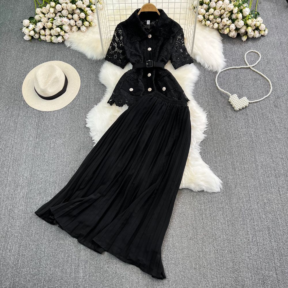 Pankh Kylie Crochet Lace Chiffon Blazer And Pleated Skirt Set With Belt