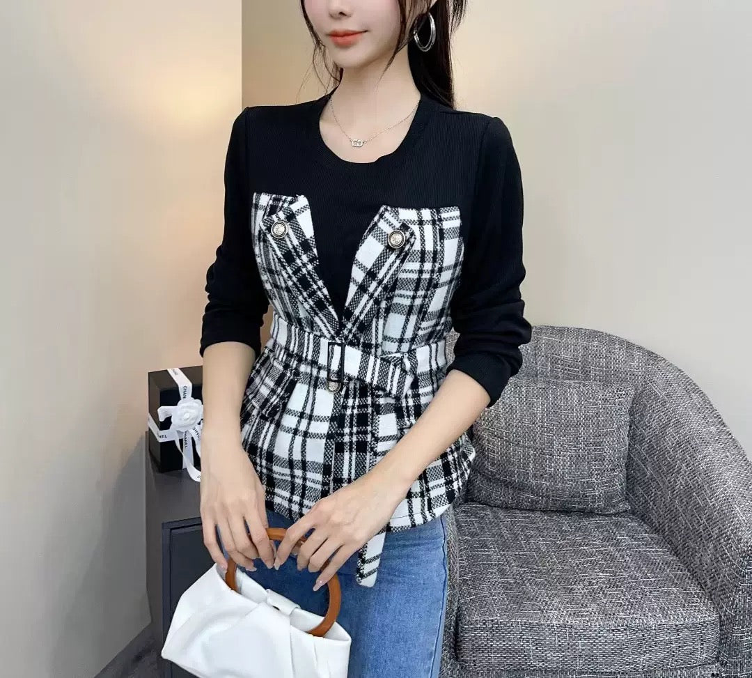 Pankh Oxer Plaid Tweed Autumn Top with Belt