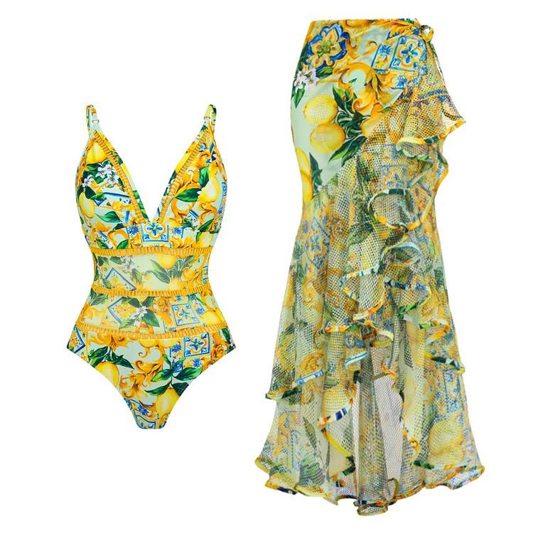 Pankh Louie Lemon High Fashion Padded Monokini Swimsuit With Ruffled Skirt