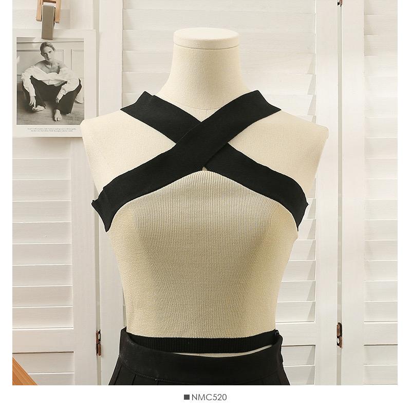 Pankh Riven Knit Halter Beige And Black Crop Top