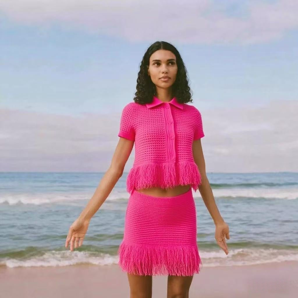 Pankh Lake Crochet And Tassel Shirt and Skirt Coord Set