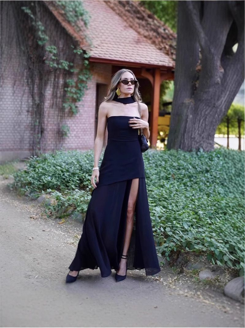 Pankh Livia Strapless Mesh Patchwork Slit Asymmetrical Maxi Dress With Scarf