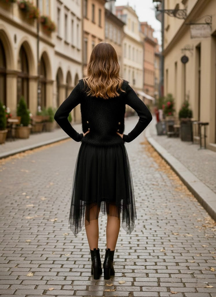 Pankh Salvy Woolen Ruffle Dress with Fur Waist Coat