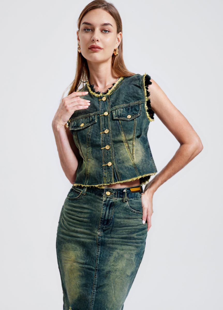 Pankh Semir Retro Denim and Lace Top And Long Skirt Set