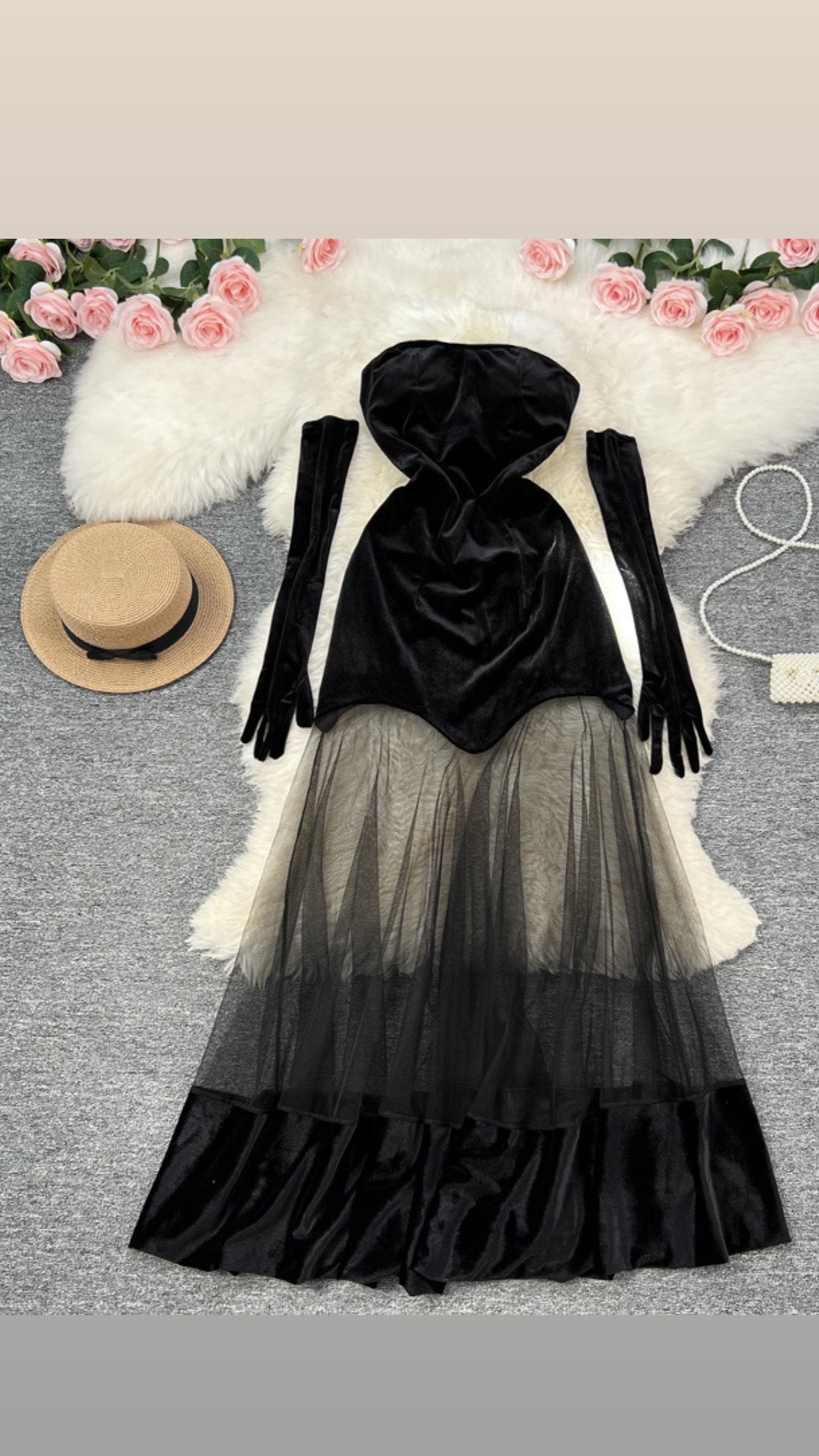 Pankh Alessandra Cat Walk Velvet Mesh Net Dress With Hand Gloves